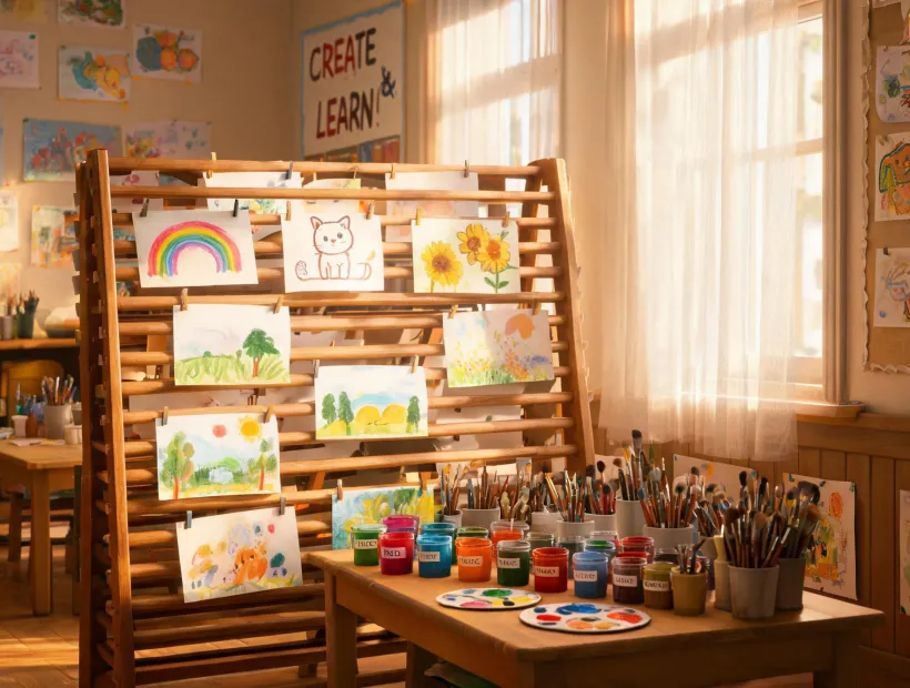 student artwork drying rack