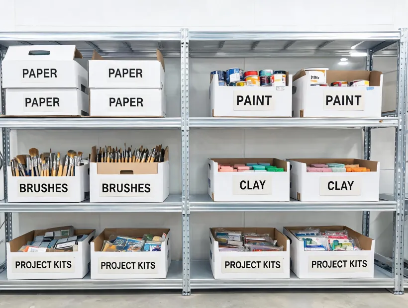 organized district art supply shelves