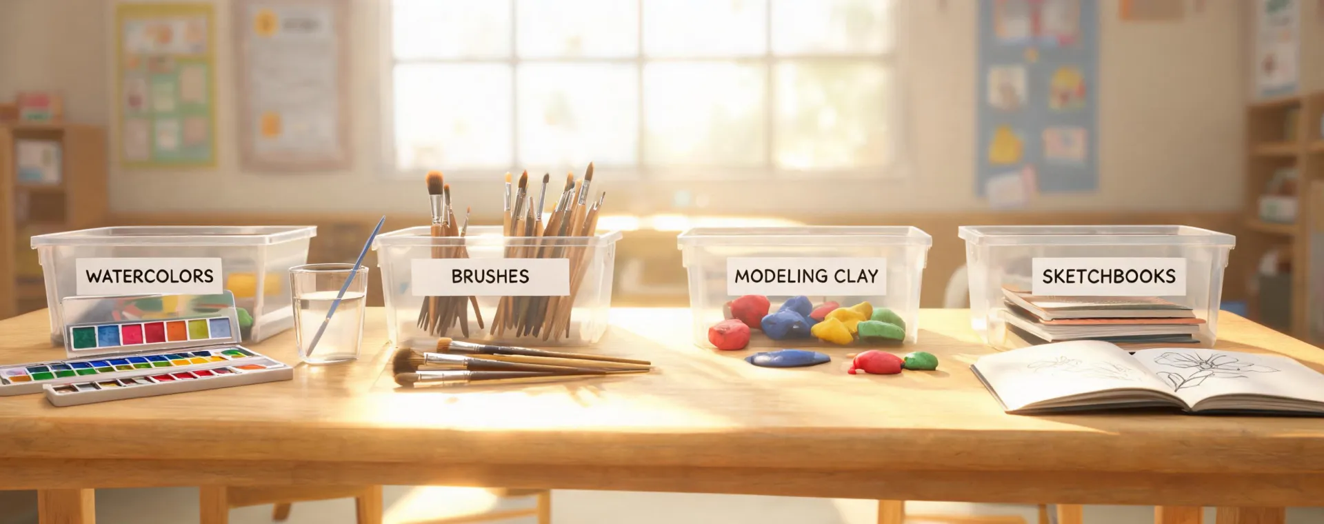 art supplies arranged for classroom projects